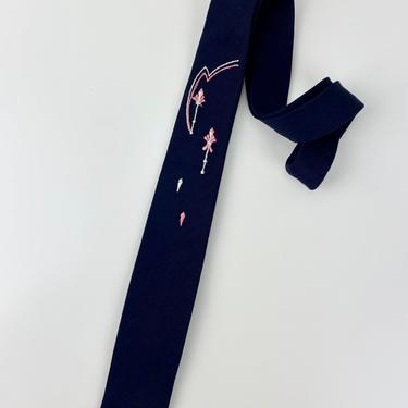 Early 1960's Narrow Tie -  Navy Blue  with a  Pink &amp; White Design - Rayon Fabric - Slim Square-End Tie 