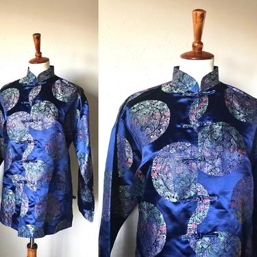Vintage blue silk men’s Chinese long sleeve shirt jacket medium 