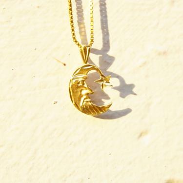 Vintage 14K Yellow Gold Crescent Moon & Star Charm, Small Hammered Gold Pendant, Celestial Moon Man Charm, 585 Jewelry,  7/8” L x 1/2” W 