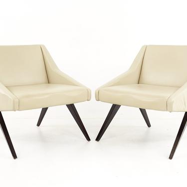 Michael Wolk Mid Century Angled Form Vinyl Upholstered Lounge Chairs - Pair - mcm 