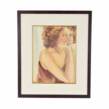 Vintage Watercolor Portrait Of Curly Redhead Woman signed Karen Hoyt 