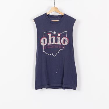 90s Distressed Ohio Tank Top - Men's Large, Women's XL | Vintage Navy Blue Tourist Graphic Muscle Shirt 