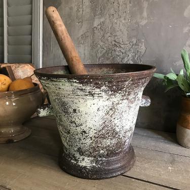 19th C Rustic Iron Mortar and Wooden Pestle, Rustic Primitive, French Farmhouse 
