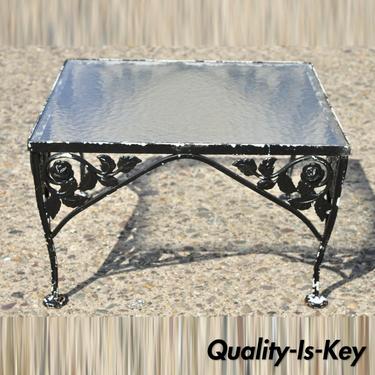 Vintage Woodard Chantilly Rose Wrought Iron Ottoman Glass Top Low Side Table
