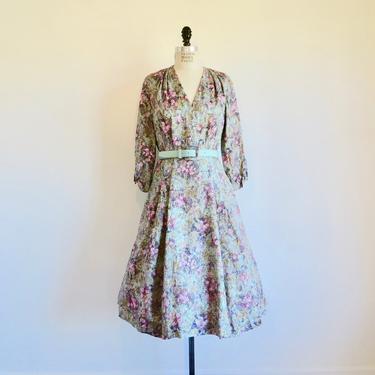 Vintage 1950's Light Blue Pink Floral Watercolor Print Taffeta Fit and Flare Dress Full Skirt Rockabilly Spring Bettermade 28