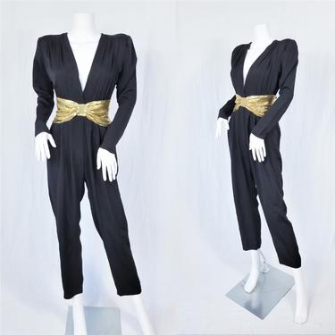 Gold Mesh 1980's Black Rayon Crepe One Piece Jumpsuit Pantsuit I Sz Med I Carteret 