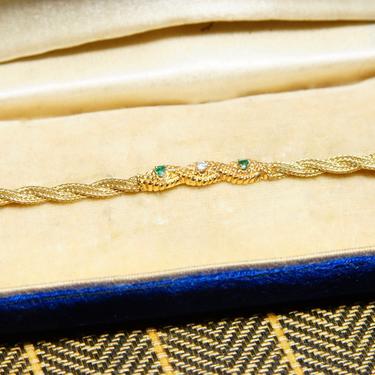 Vintage 14K Yellow Gold Diamond Emerald Bar Bracelet, 4mm Braided Gold Link Chain, .03CT Diamond & Emerald Stones, Elegant 585 Jewelry, 7&quot; L 