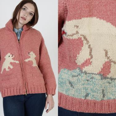 Vintage 1950s Polar Bear Shawl Collar Chunky Knit Zip Up Cowichan Sweater Jacket 