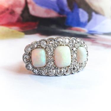 Vintage Triple White Opal and Old European Cut Diamond Statement Halo Ring Platinum Over 14K 