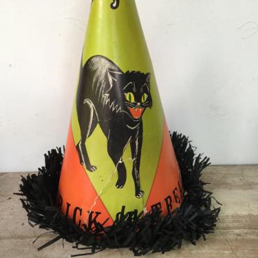 Vintage Halloween Hat, Trick Or Treat Black Cat Hat With Fringe, 13-3/4&quot; Tall, Retro, Rough Shape Please See All Photos 