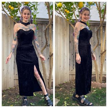 Vintage 1990’s Black Velvet Strapless Dress with Collar 