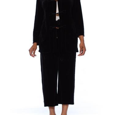 1990S Sonia Rykiel Black Cotton / Rayon Stretch Velvet Hoodie Pant Suit With Logo Toggles 