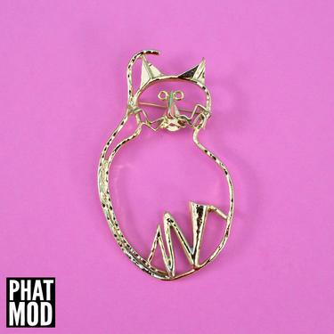 AWESOME Vintage 80s 90s Gold Abstract Cat Brooch 