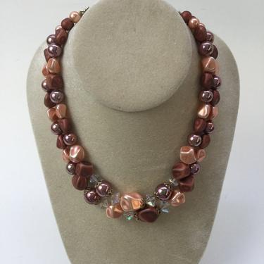 Cocoa, peach and crystal double strand necklace - 1960s vintage 