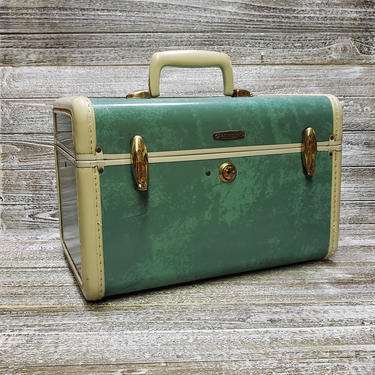 Vintage Train Case, Samsonite Luggage, Mid Century Modern, Green Marbled Suitcase, Overnight Carry On, Cosmetic Travel Case, Vintage Luggage 