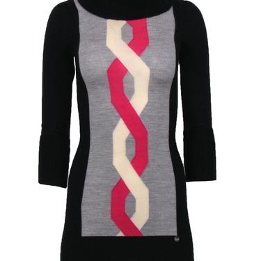 Karen Millen - Black, Grey, Pink & White Merino Wool Turtleneck Sweater Dress Sz XS