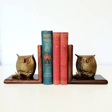 Vintage Brass Owl & Walnut Bookend Set 