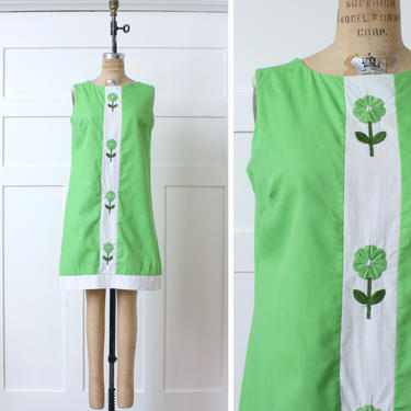 vintage 1960s mod dress • lime green &amp; white cotton sundress with embroidered daisies 