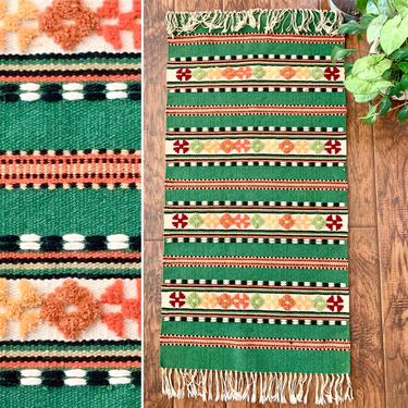 Vintage Woven Wall Hanging, Tapestry Fringed Textile Rug, Tufted Embroidered Crewel, 70s Home Decor 