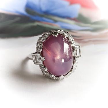 Art Deco Purple Star Sapphire And Mixed Cut Diamond Platinum Cocktail Ring 