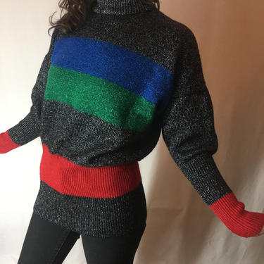80s/90s Color Block Sweater | Metallic Red Green Blue Silver Stripe Heavy Knit Long Tunic Jumper Pullover Knit Top | B. Diffusion 