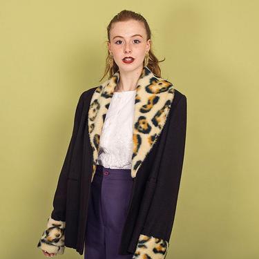 60s Black Leopard Collar Faux Fur Coat Vintage Elegant Knit Winter Jacket 