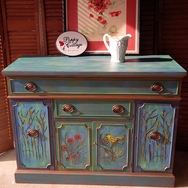Credenza Artisan Hand Painted Finish Parade of Color Vintage Sideboard Poppy Cottage Custom Painted Furniture PAINT to ORDER 