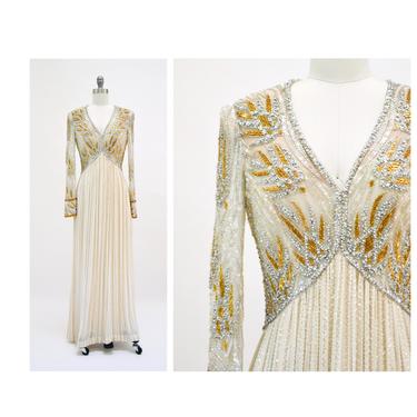 80s 90s Vintage Silver Gold White Cream Beaded Gown Dress Small Medium Bob Mackie Silk// Vintage Wedding Gown Beaded Art Deco Gown Small 