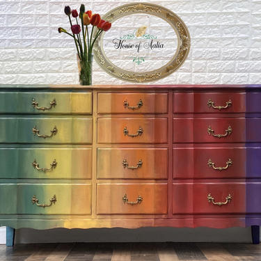 Rainbow Boho. Vintage French Provincial Sideboard Buffet. Red, Yellow, Green, Blue Dresser Upscale Credenza Server Sophisticated Farmhouse. 