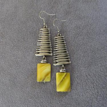Mother of pearl earrings, brass statement long shell earrings, bohemian earrings, bold earrings, mid century modern, yellow tribal bronze 