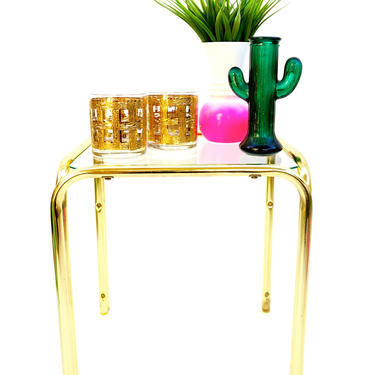 x3 Vintage Modernist Brass &amp; Glass Accent Tables| Plant Stands | Chic Gold Metal Side Tables 