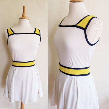 1970s 1980s Tennis Dress by Tail White Cotton Yellow Terrycloth  / Vintage Sleeveless Summer Active Wear Sports Athletic Dress / Med 