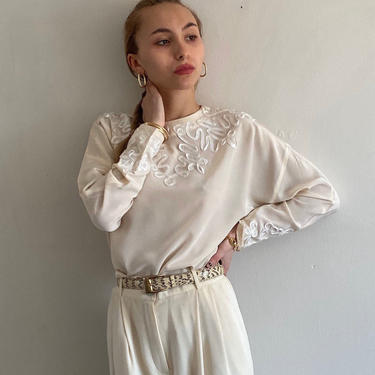 90s silk soutache batwing blouse / vintage creamy white silk crepe button back crewneck pullover batwing blouse | M L 
