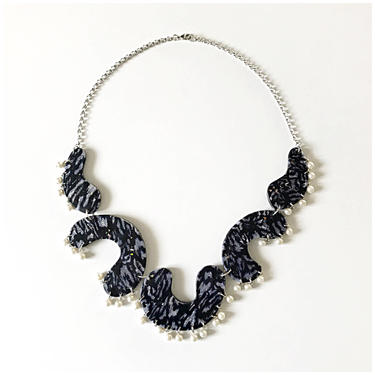 Black, silver, and pearl statement necklace - handmade with polymer clay by ChrisBergmanHandmade
