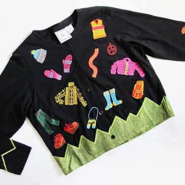 Vintage 90s Michael Simon Embroidered Cardigan M - Novelty Colorful Artsy Cardigan Jacket - Hiking Alpine Woodland Theme Sweater by MILKTEETHS