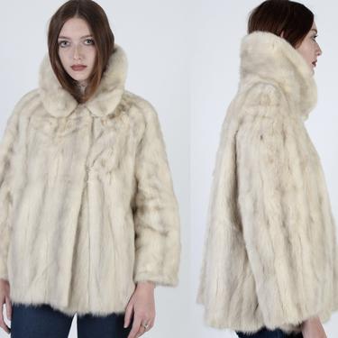 Womens Mink Fur Coat / Vintage 60s Platinum Fur Coat / Large Plush Fur Back Collar / Real Fur Cream Opera Pockets Overcoat Jacket 