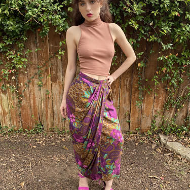 Vintage 80s Oscar de la Renta Pleated Ruched High waist Floral Pencil Maxi skirt XS S 