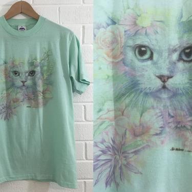 Vintage Cat T-Shirt Water Color Floral 90s 1990s 1990 HGO USA Short Sleeve Blue Hipster Retro Large L Medium Unisex Cats Kitten Kittens 