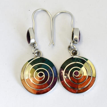 70's HBY 950 silver multi-stone inlay sacred spiral dangles, classic Southwestern colorful tribal hippie artisan made earrings 