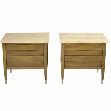 Pair Vintage Mid Century Modern Travertine End Tables Nightstands Chests 