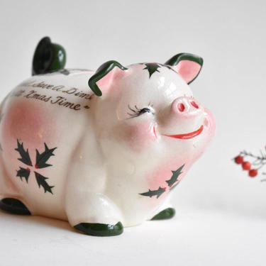 Piggy Bank Christmas Kreiss-Style Handpainted in Japan 1950s | Save a Nickel Save a Dime 