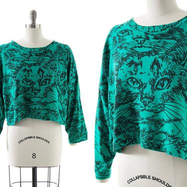 Vintage 1980s 1990s Sweatshirt | 80s 90s Cat Face Novelty Print Cotton Green Cropped Boxy Slouchy Graphic Pullover Sweater Top (small-xl) 