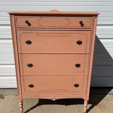 Antique Dresser Tall Boy Highboy Wood Chest Drawers Vintage Shabby Chic Pink Country Bedroom Storage Set Table Painted Chalk Paint 