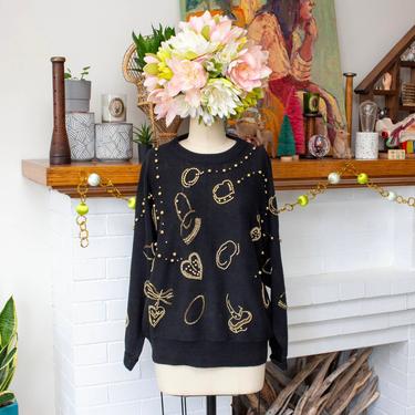 Vintage 1990s Beaded Sweater - Black & Gold Metallic Cotton Blend Abstract Sweater - S/M/L 