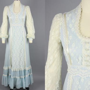 1970s Gunne Sax Dress | Vintage 70s Lace & Pale Blue Cotton Voile Maxi Dress | small 