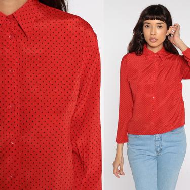 Polka Dot Shirt -- Red Top Button Up Shirt 80s Blouse Long Sleeve Vintage 90s Retro Small S 