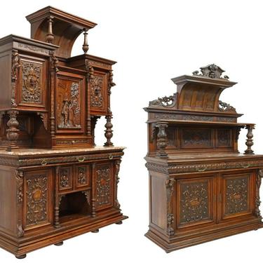 Antique Sideboard and Server, Pair, Walnut, Monumental, Renaissnace Revival, 1800's!!