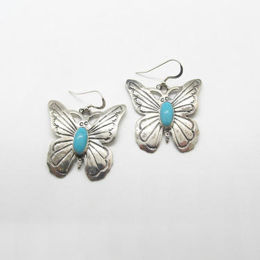 RUSSELL SAM Butterfly Silver and Turquoise Earrings | Native American Navajo Southwestern Large Statement Dangle Earrings | Boho Jewelry 