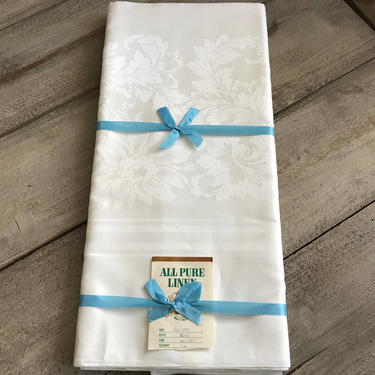 Irish Floral Damask Linen Tablecloth, White, Unused, Unwaxed, Original Label, Fine Dining 