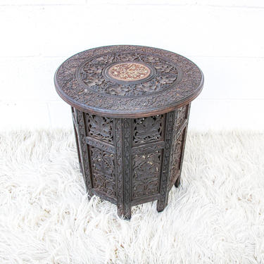 Gorgeous Hand-Carved Vintage Bohemian Solid Wood Folding Side Table 